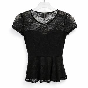Forever 21 Black Lace Peplum Sweetheart Bodice Blouse Sz Med
